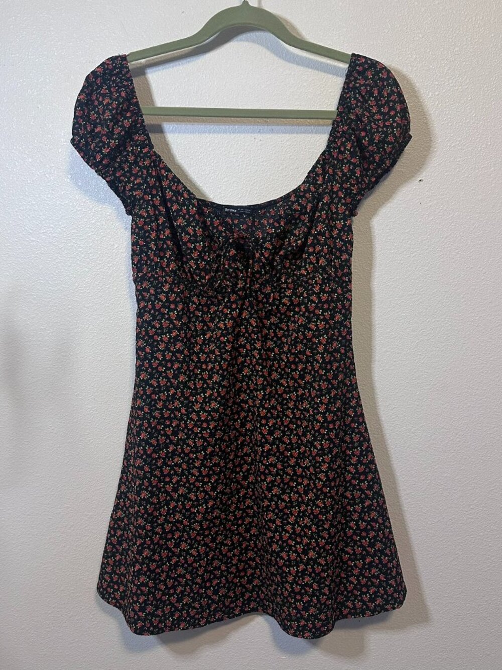 Bershka black floral mini dress with small floral print, size L